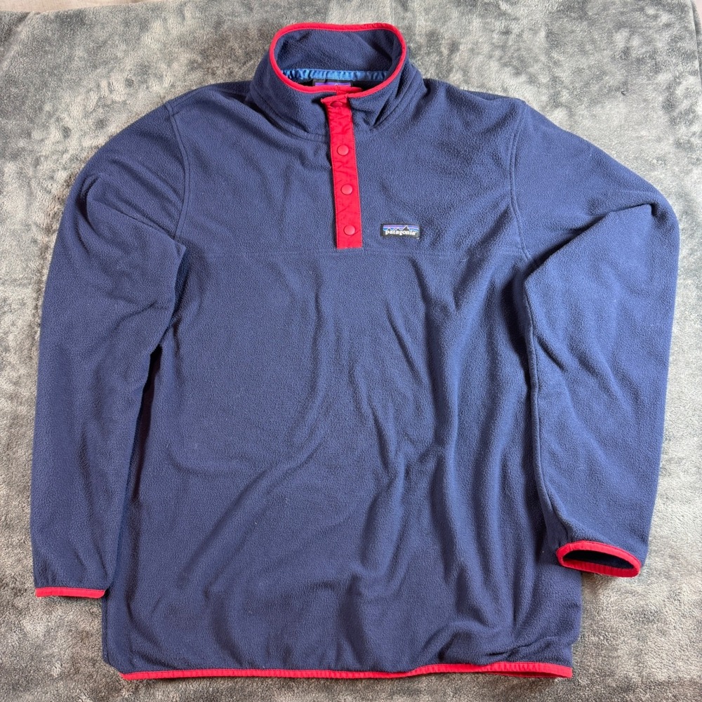 Patagonia Mens Lightweight Synchilla Snap-T Fleece Pullover Navy Blue Red Large